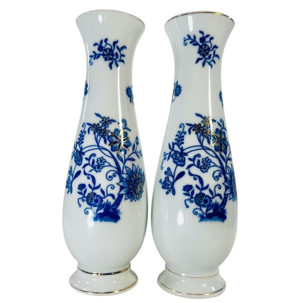 Norleans Japan 2 Hand painted Gilded Blue‎  White Floral Porcelain Vases READ